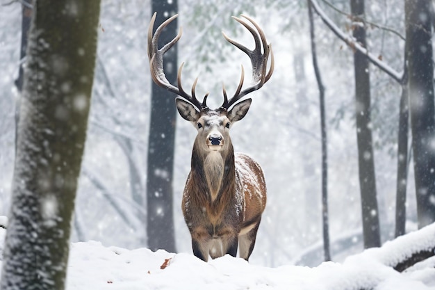 Wild deer in the winter forest Wildlife scene from europe