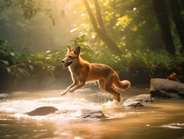 Wild Dhole Leaping Across Misty River