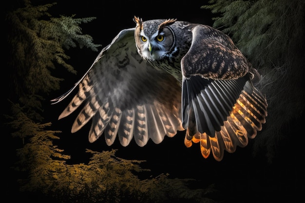 Wild eagle owl soaring above the dark woodland enormous nocturnal bird of prey stalking its victim