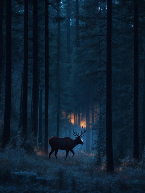 野生のエルクの荒野 森の中の夜の月