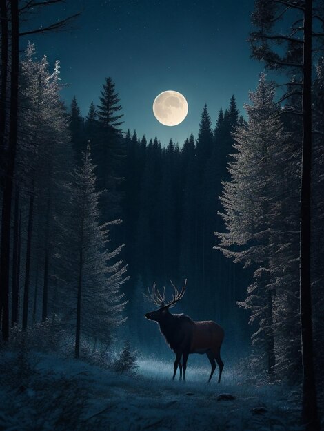 wild elk wilderness in forest moon at night