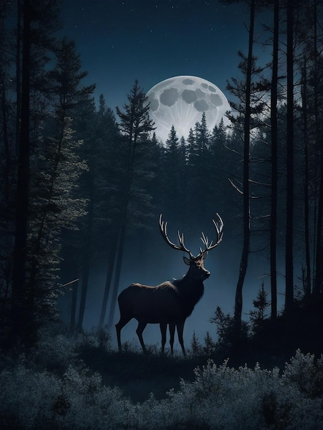 wild elk wilderness in forest moon at night