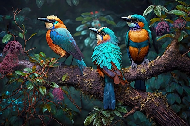 Wild exotic royal birds sitting on tree branches in wild african forest generative ai