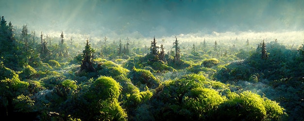 Дикий сказочный лес на рассвете с холмами и туманом на заднем плане