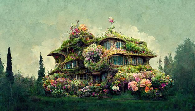 Wild fantasy flowers garden house concept art illustration