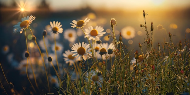 野生の野の花と緑の草 太陽の光 牧草地 夏 春 自然