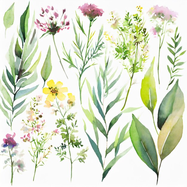 Photo wild field herbs flowers watercolor individual isolated element set illustration with green leaves a...