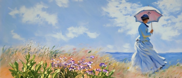 wild field lavender and poppy flowers field on horizon blue sunny sky and sea impressionism fart