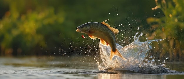 Wild fish jumping out of river water in a forest Fish jumping out of the water