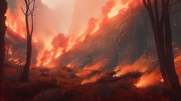 Wild flames engulf surroundings digital art illustration Generative AI