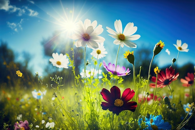 Дикие цветы цветут весной красочный естественный фон, созданный AI