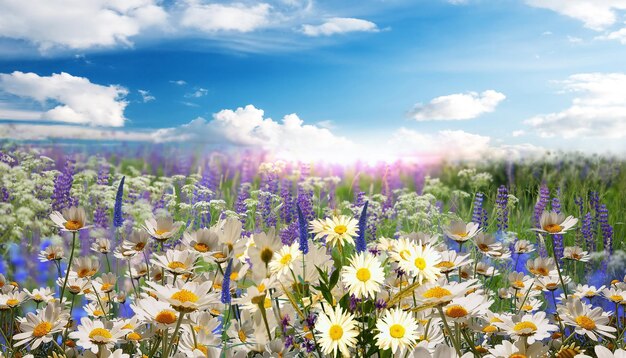 Wild flowers chamomile and daisies white and pink on a green field with grass on sunset