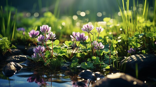 草原のクローバーと蝶の野生の花