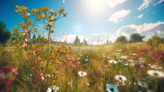 wild flowers on field on horizon Mountains and trees blue sky with white clouds floral nature