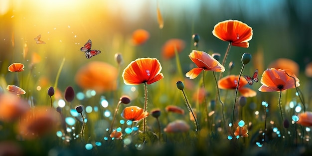 полевые цветы на поле в каплях утренней росы и природный ландшафт бабочки