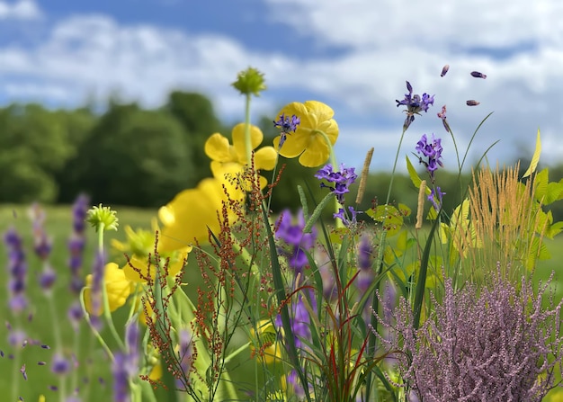 フィールド夏の自然の背景に野生の花