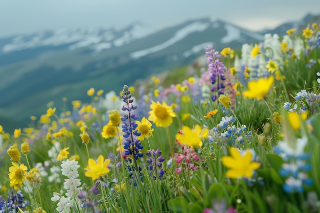 背景 に 山 が ある 野生 の 花 の 畑