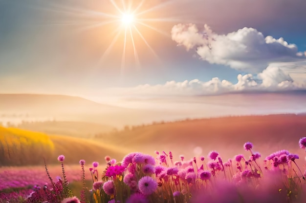 Wild flowers in a field with the sun behind them