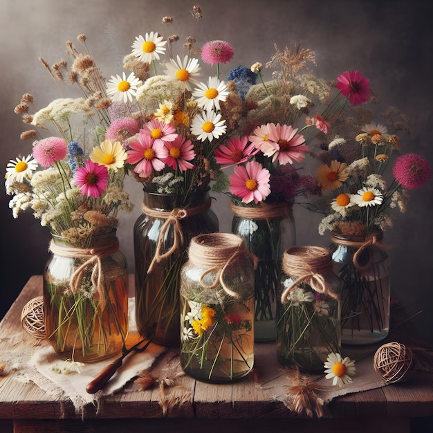 Wild flowers in jar vases