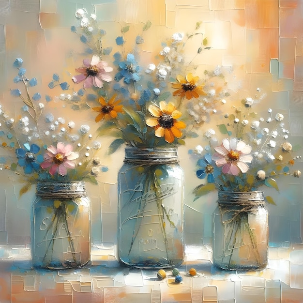 Wild flowers in jar vases