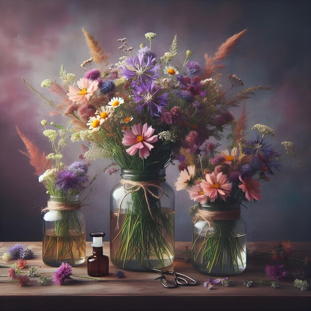 Wild flowers in jar vases