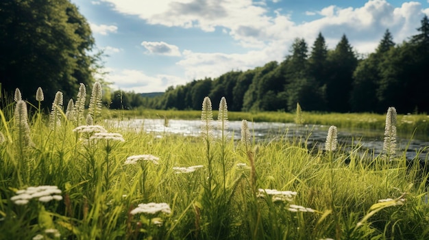 Photo wild flowers in the meadow by a river