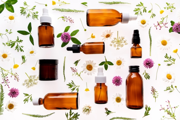 Wild flowers and medicine glass bottle on white