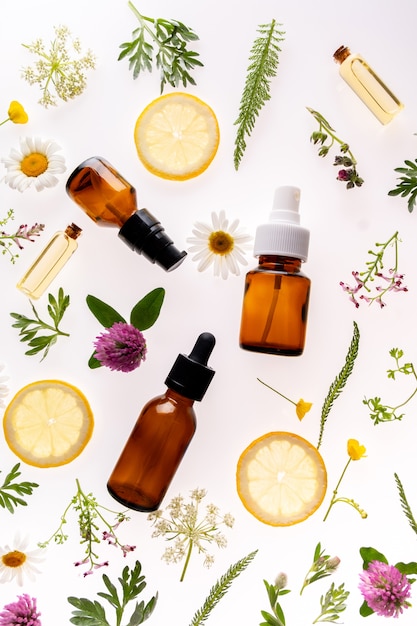 Wild flowers and medicine glass bottle on white