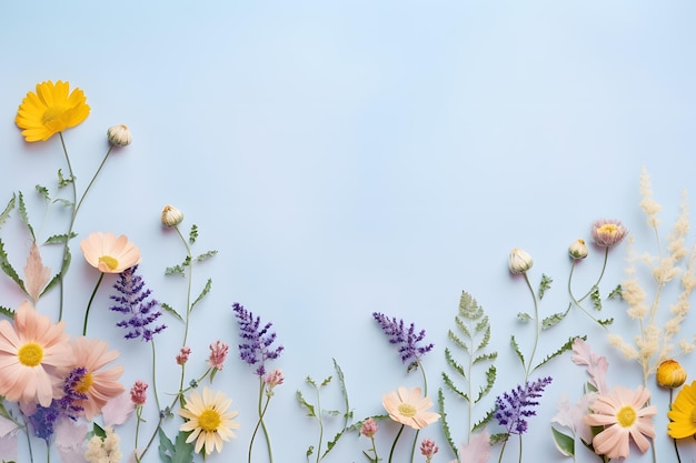 Photo wild flowers pattern border on pastel background flat lay with copy space