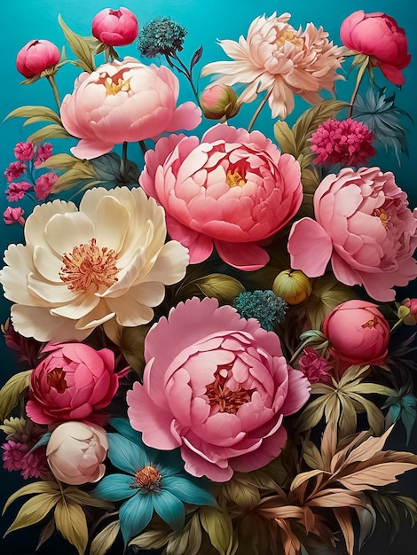 wild flowers peonies beautiful variation of pinks and teal