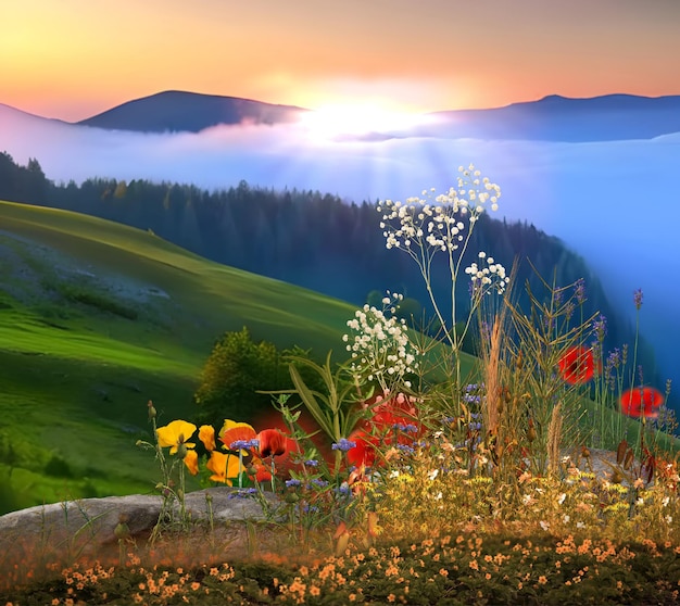 Fiori selvatici estate natura paesaggio montagne campo selvaggio e fiori rosa sul tramonto