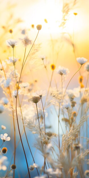 wild flowers in a vase with the sun behind them.