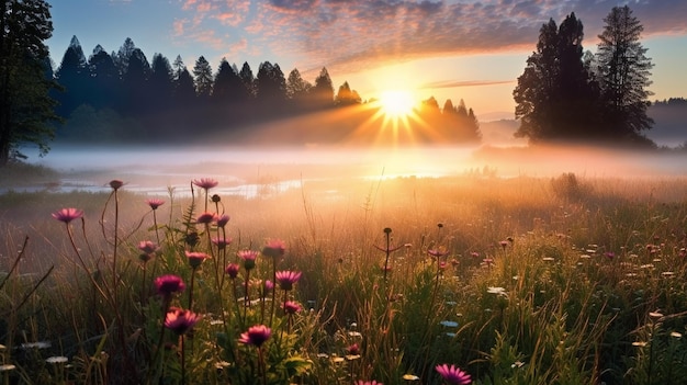 朝露と太陽の光の滴る野原の野生の花