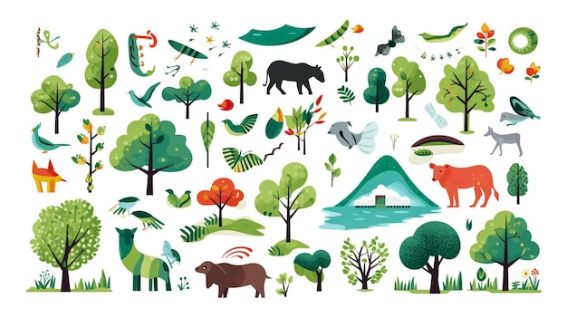 Wild forest animals in trendy cute hand drawn style isolated on background Vector illustrations El