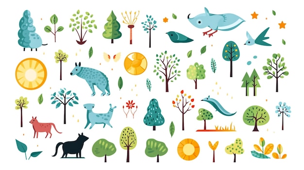 Wild forest animals in trendy cute hand drawn style isolated on background Vector illustrations El