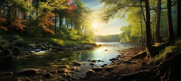 wild forest trees with sun ray on field and lakeriver sunset