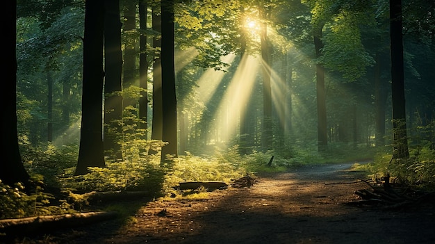 wild forest trees with sun ray on field and lakeriver sunset