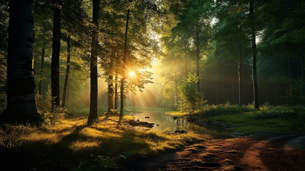 wild forest trees with sun ray on field and lakeriver