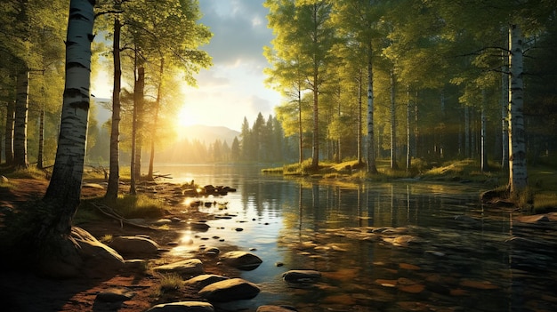 wild forest trees with sun ray on field and lakeriver