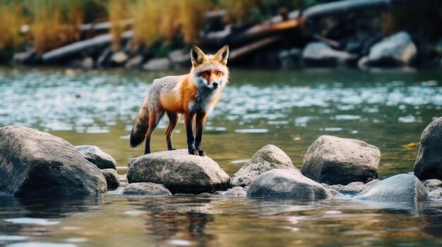 川の石の中に立っている野生のキツネ