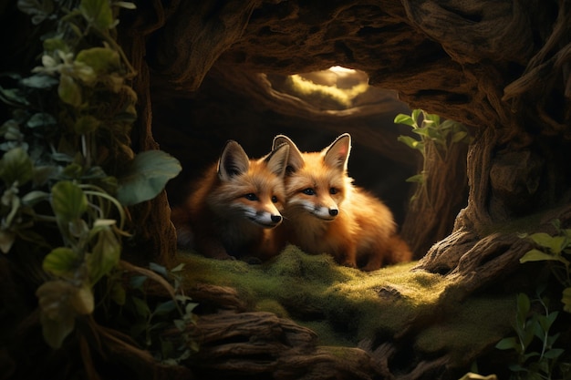 Wild foxes in their dens