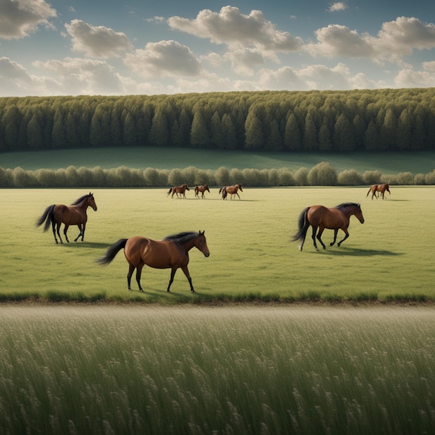 Photo wild and free horses grazing in a picturesque meadow