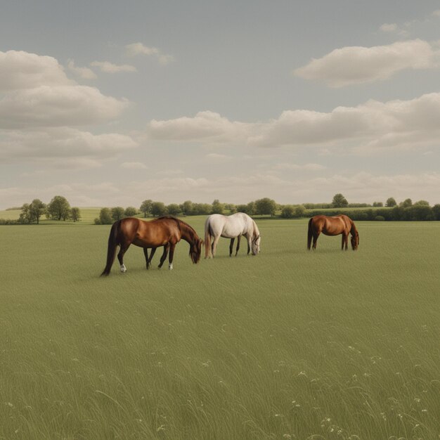 Photo wild and free horses grazing in a picturesque meadow