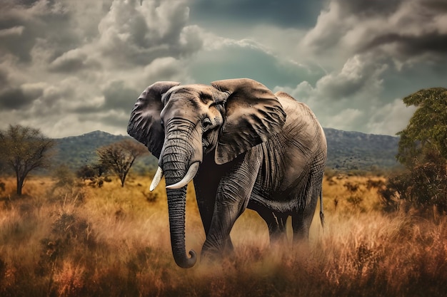 Wild and Free A majestic elephant roaming through the savannah Generative ai