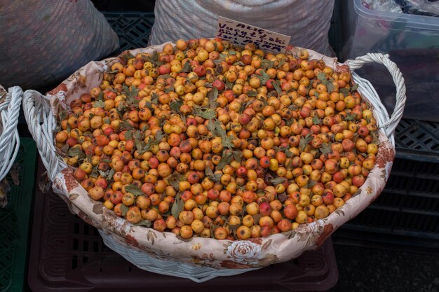 野生の果物のアザロール地中海ビドラーを収集し、市場で販売