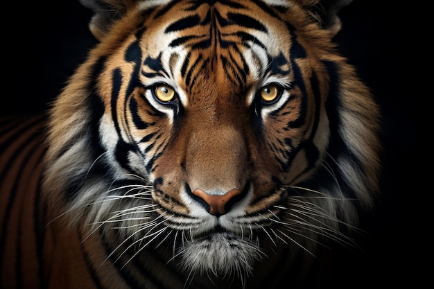 Wild Furry Tiger Face in CloseUp on Black Background Generative AI