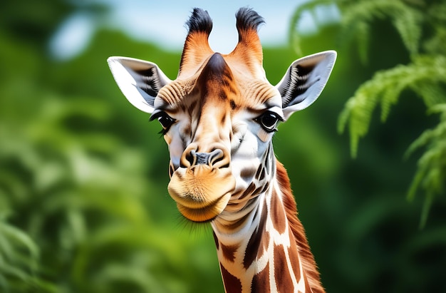 Wild giraffe with long neck and spotted coat standing in savanna on a green background safari