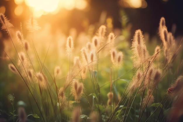 Wild gras in het bos bij zonsondergang Macro-beeld