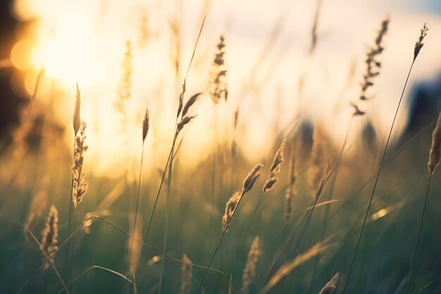 Wild grass in the forest at sunset Abstract summer nature background