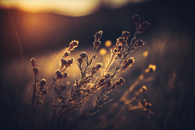 Wild grass in the mountains at sunset Macro image shallow depth of field